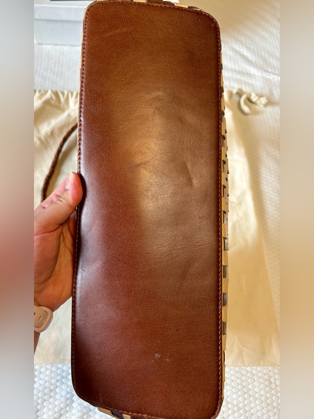 BEMBIEN Brown & Cream Woven Leather Shoulder Bag - Picture 4 of 5